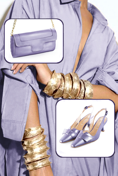 Women's lilac purple elegant slingback heels, with a bow on the front. Tapered toe. Medium spool heels - Top view